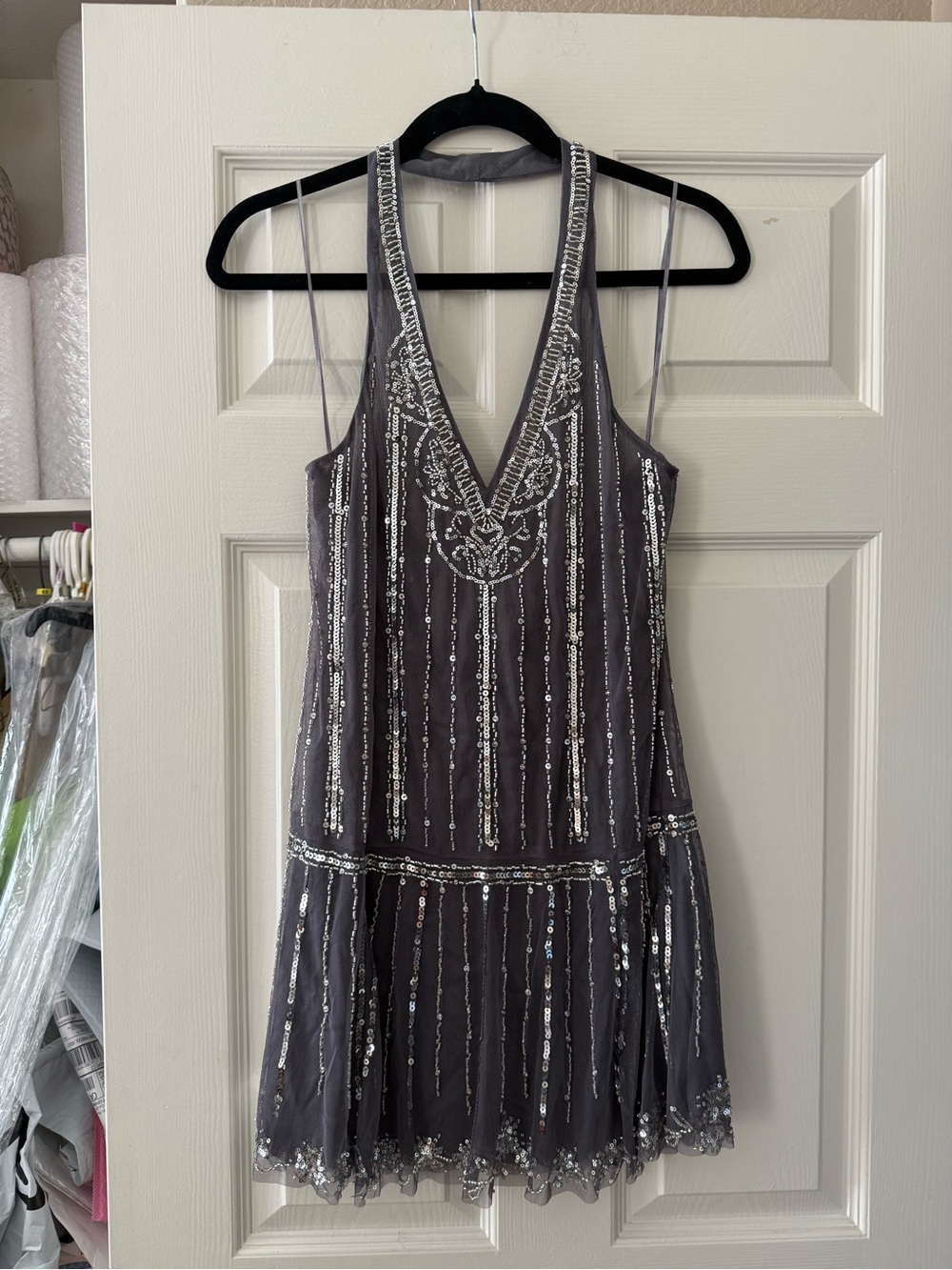BNWT Zara Grey Sequin Halter Mini Dress
